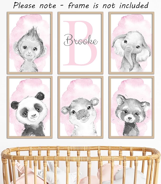 Safari Animals Set of 6 Unframed Poster Prints for Baby Girls Nursery Bedroom Playroom, Personalized Name, Choice of 12 Animals, Pink Purple (8x10)