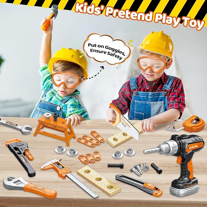 Kids Tool Set with Portable Tool Box & Electronic Toy Drill, Toddler Tool Set,Tool Play Toys Construction Tools for Kids Ages 3 4 5 6, Christmas & Birthday Gifts for Boys