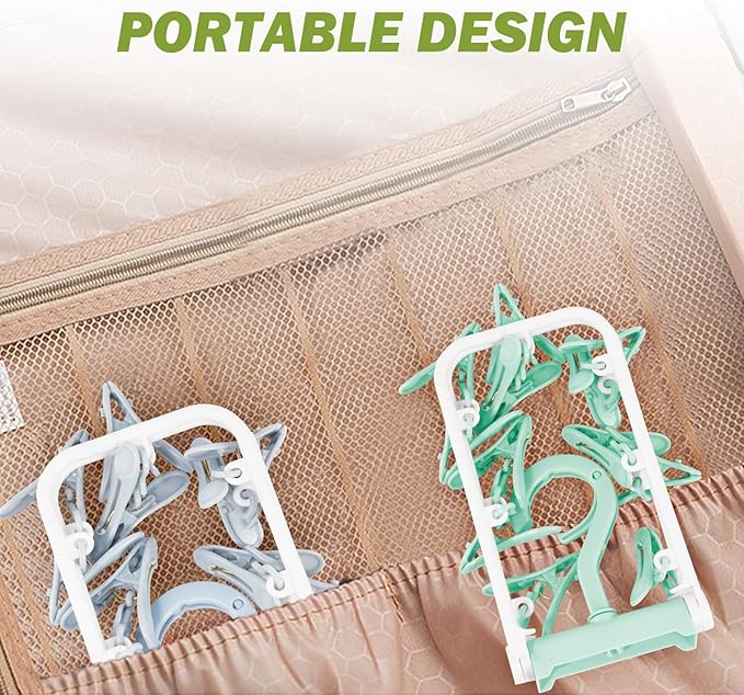 Clothes Drying Hanger with 12 Clips, 2 Pack Folding Portable Hanging Drying Rack,Drip Foldable Hanging Rack, 360° Rotatable Hook for Drying Towels Bras Baby Clothes Gloves Plastic(Blue&Green)