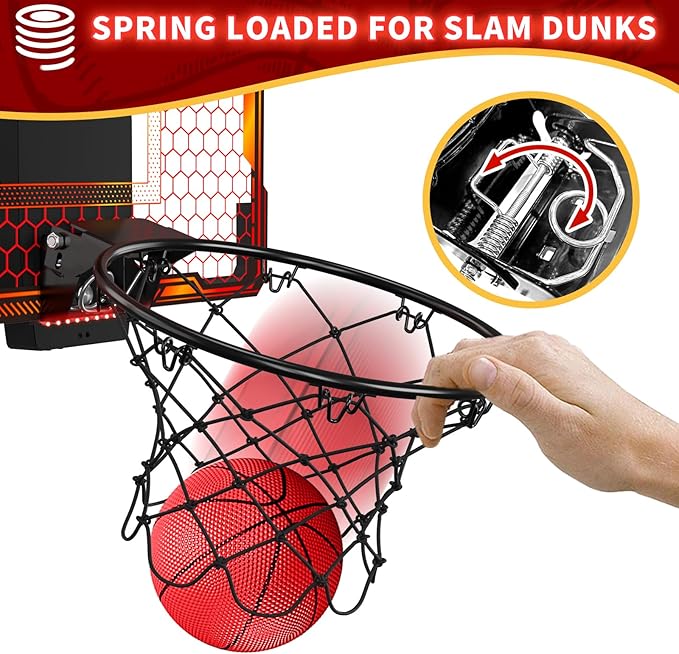 Mini Basketball Hoop with LED Lighting, Electronic Scoreboard, 3 Modes, Over Door Mount, Gift for Kids & Adults (Red)