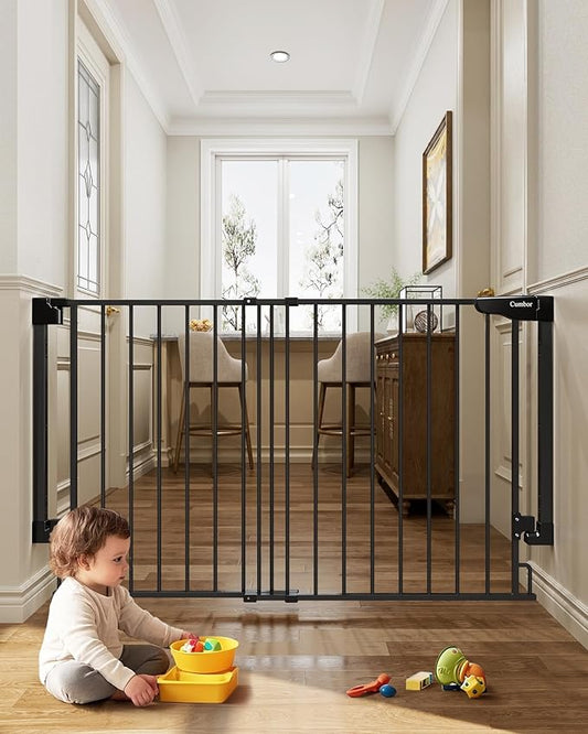 Cumbor 31.6-48" No Bottom Bar Baby Gate for Stairs, 2-in-1 Auto Close Dog Gate Indoor, Hardware Mounted Pet Gate for Doorways with Large Walk Thru Door, Child-Proof Safety Gate for Kids (Black)