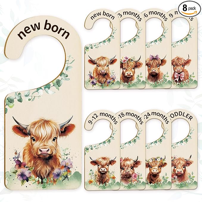 Whaline 8Pcs Baby Closet Size Dividers Watercolor Highland Cow Hanging Wood Baby Closet Organizer Newborn to 24 Months Thicken Baby Wardrobe Organizer