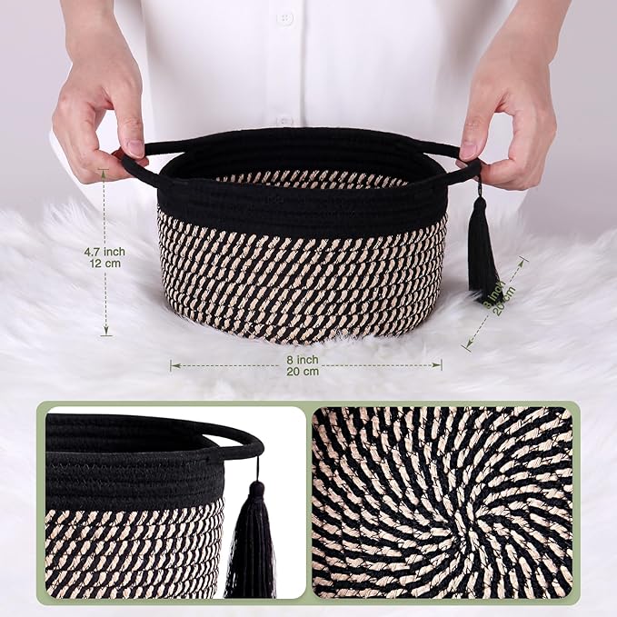 Empty Gift Basket - SweetMemo Mini Woven Rope Organizer Baskets for Baby Shower, Vanity, Makeup Brushes, Bathroom, Shelves, Desk - Small Decorative Storage Bins - Set of 2, Pre-Shaped, Black Brown