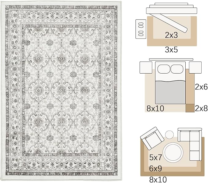 jinchan Floral 3x5 Area Rugs for Entryway - Beige Vintage Distressed Design Doormat Non-Slip Ultra-Thin Low Pile Boho Rug for Kitchen Living Room Bedroom Farmhouse (3‘x5',Beige)