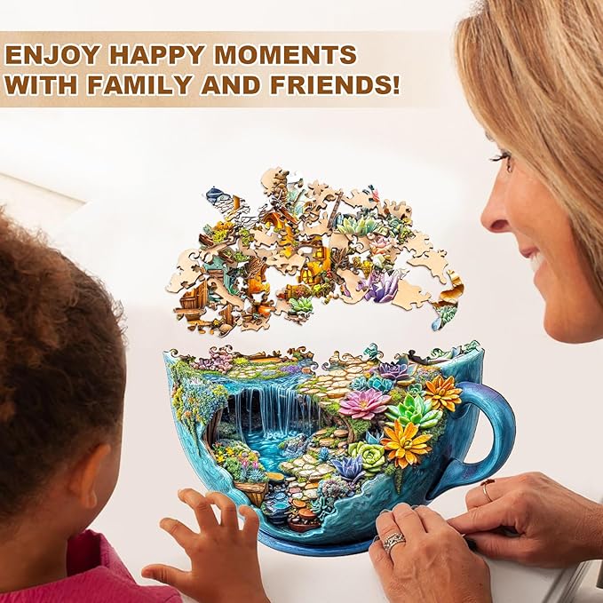 WOODBESTS Wooden Puzzles for Adults, Succulent Mug Wood Puzzles Adult(250 Pieces, L, 13.4 * 13.3in), Unique Shape Wooden Animal Jigsaw Puzzles, Birthday Gifts for Adults Family Game