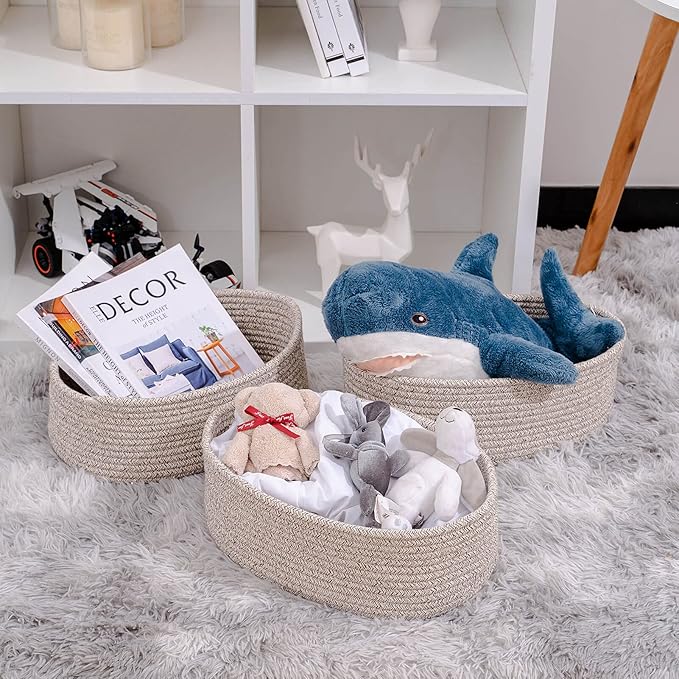 Cute Shelf Basket to Store and Organize Household Items/Baskets&Bins for Daily Storage &Organizing/Woven Rope Basket for Living Room, Playroom/Small Oval-13x8.66x5.11’’,3 Packs Light Brown