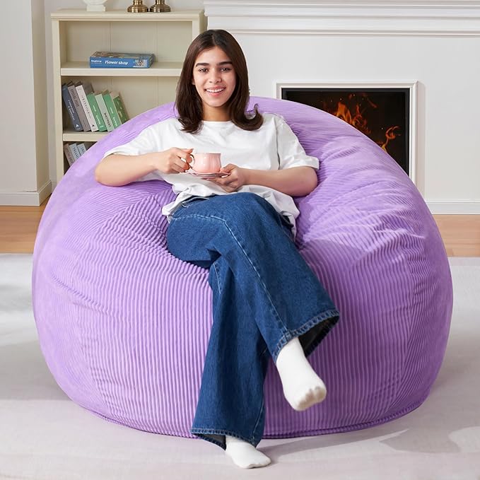 Homguava 3.5FT Bean Bag Chair: Teardrop Bean Bags with Memory Foam Filled, Compact Beanbag Chairs Soft Sofa with Corduroy Cover (Purple)