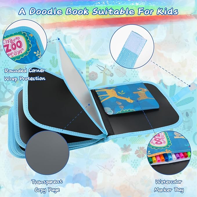 Erasable Doodle Set for Kids - Reusable Magic Drawing Book with 12 Watercolor Pens 14 Page Drawing, Road Trip Car Game Writing Painting Set for Boys and Girls (Zoo Blue)