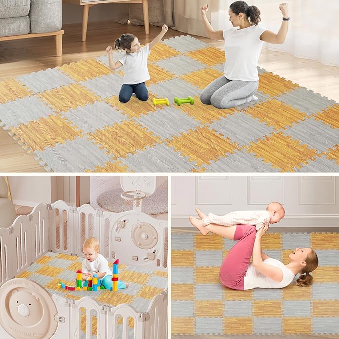 Skyweaver 12 Tiles Soft Non-Toxic Baby Play Mat for Floor EVA Foam Jigsaw Puzzle Play Mat, Interlocking Squares with 0.6inch for Babies, Toddlers & Kids Gym, Nursery, Playroom, Light Brown