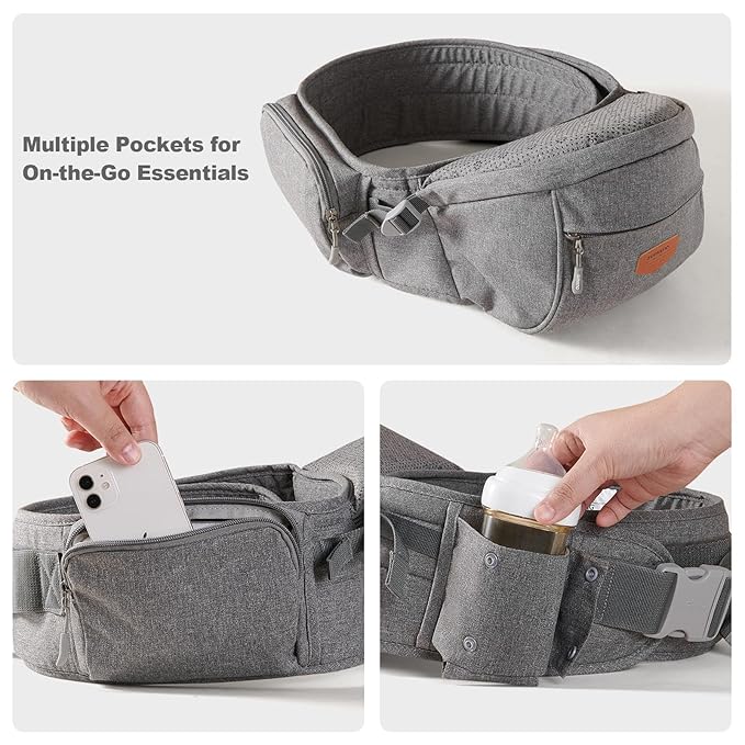 SUNVENO Baby Hip Carrier with Hip Seat, CPC-Certified, Ergonomic Infant Carrier for Newborns & Toddlers up to 45 lbs, Adjustable Waistband, Multiple Pockets, All-Season, Grey