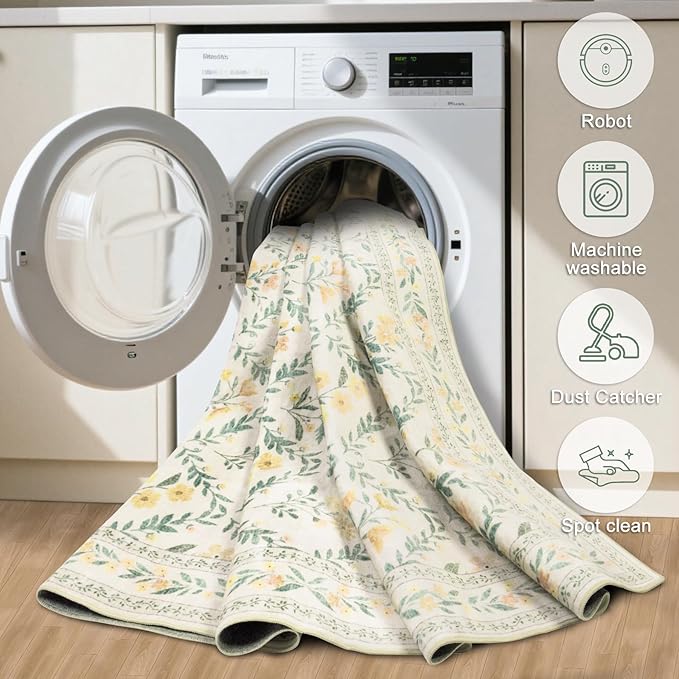 10x14 Area Rugs for Living Room: Floral Washable Rug Vintage Large Soft Boho Non-Slip Carpet Stain Resistant Low Pile Carpets for Bedroom Dining Room Farmhouse Nursery Hallway Home Office Beige/Multi