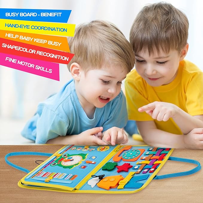 MORNOR Busy Board for Toddlers 1-4, Sensory Activity Board for Learning, Travel Toys, Montessori Toys for Fine Motor Skills, Gift for Boys & Girls (Blue)