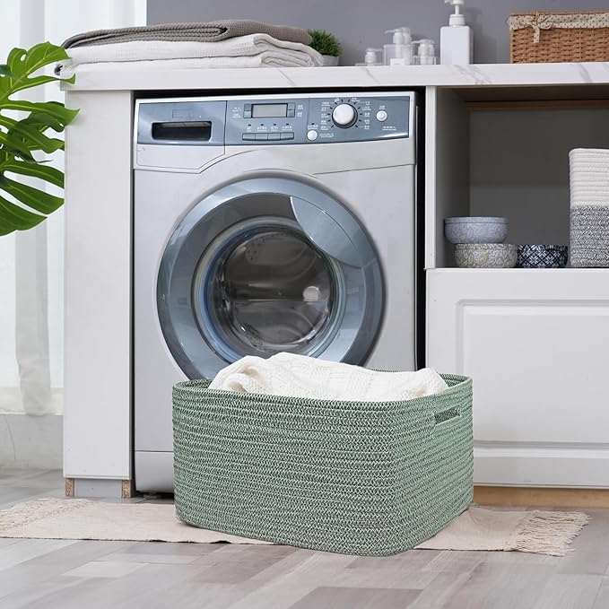 COMFY-HOMI Cotton Rope Woven Basket with Handles for Shelves,Toys,Book, Cloth Storage Baskets for Organizing-17" x 13" x 7.5" Toy Decorative Organizer for Living Room, Bathroom （Green）