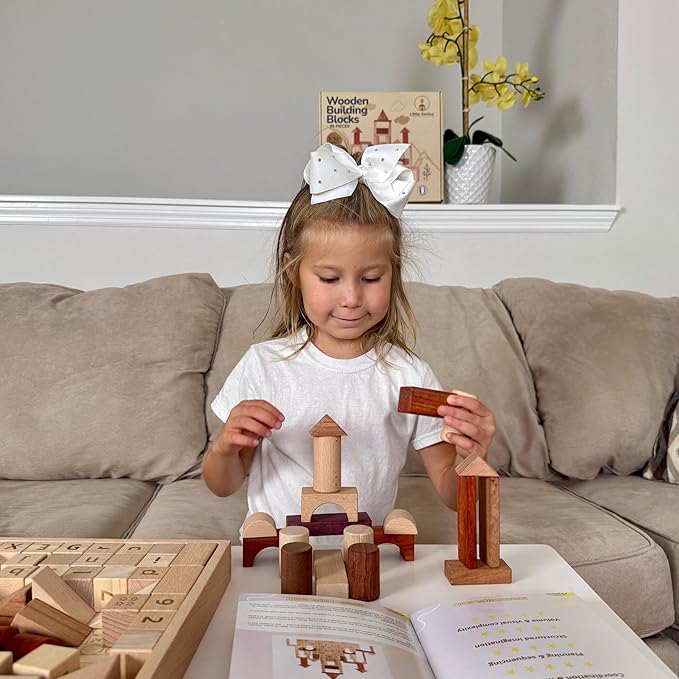 Hexagon Montessori Wooden Building Blocks – 86 Pieces FSC-Certified Beech | Alphabet & Number Blocks with Board Game, Storage Bag & 15-Challenge Guide | Stacking Toy for Kids Ages 3+