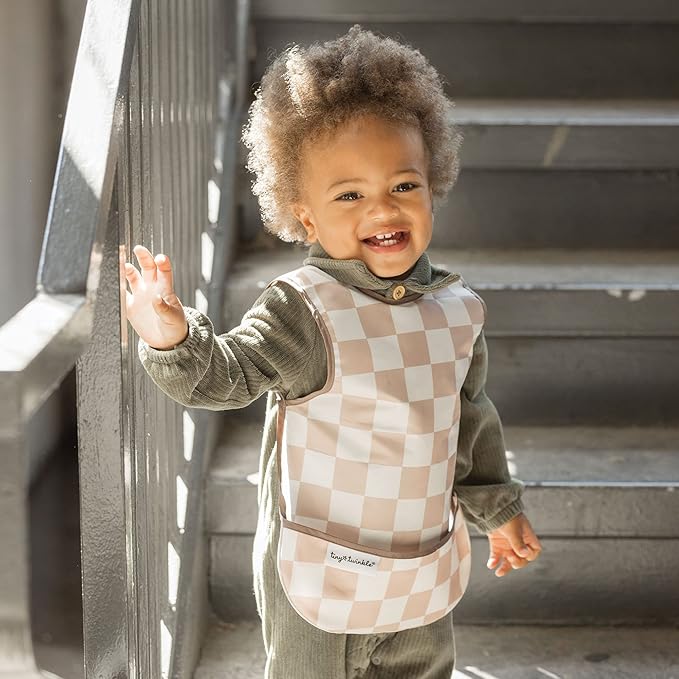Tiny Twinkle Mess Proof Baby Bib - Waterproof & Lightweight Baby-Led Weaning Apron | 100% Recycled Polyester, Easy Clean & Machine Washable (Black Checkers, Small 6-24 Months)
