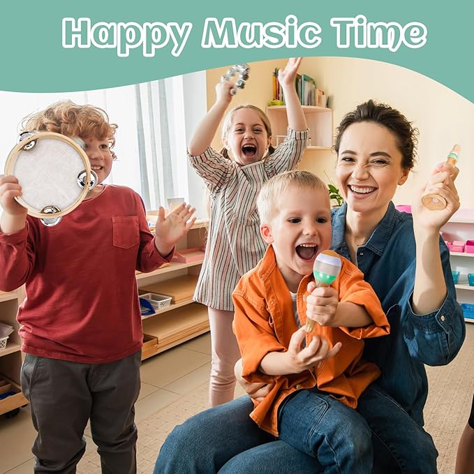 Raimy Musical Instruments Set - Neutral Colors Wooden Montessori Toys Percussion Music Modern Boho Xylophone Birthday Gifts for 1 2 3 Year Old Kids Baby Toddlers Boys Girls 3+ with Storage Bag