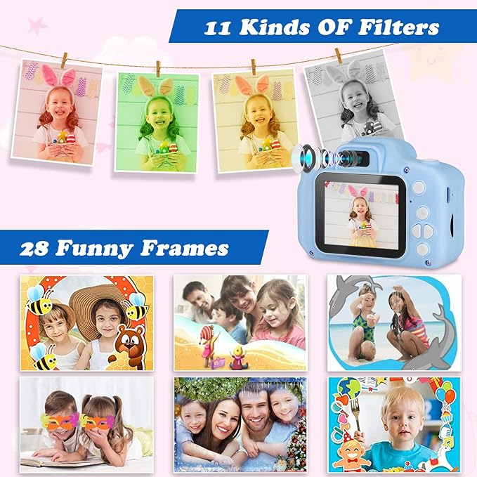 Kids Camera, HD Digital Video Camera, Childrens Toys for 3 4 5 6 7 8 9 Year Old Boys/Girls, Selfie Camera for Kids, Christmas Birthday Gifts with 32GB SD Card (Blue)