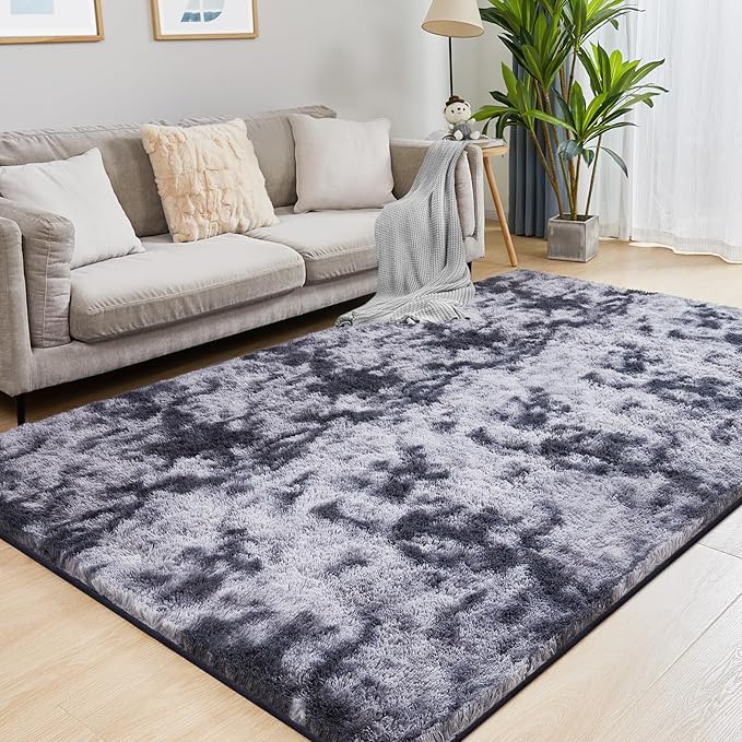 Fluffy Shag Area Rug, 4x6 Tie-Dyed Dark Grey Rugs for Bedroom, Soft Plush Area Rugs for Living Room, Non-Slip Indoor Carpet for Nursery, Study Room, Dressing Room, Home Decor
