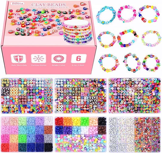 Christmas Gift Set,10000PCS Polymer Clay Beads Bracelet Making kit, Cute Fun Beads Fruit Flower Animal Cake Butterfly Heart Beads Charms for Jewelry Making DIY Accessories for Children Girls