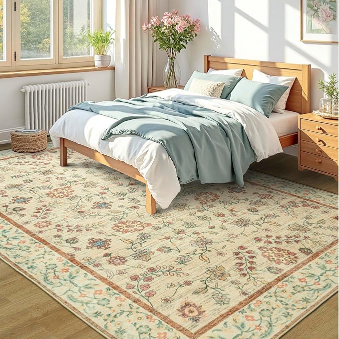 LOCHAS Washable Area Rugs 6x9, Beige Floral Rug for Living Room Bedroom Non Slip, Ultra Soft Vintage Indoor Carpet for Kids, Nursery, Dorm, Dining Room, Classroom, Boho Flower Home Decor, Low-Pile