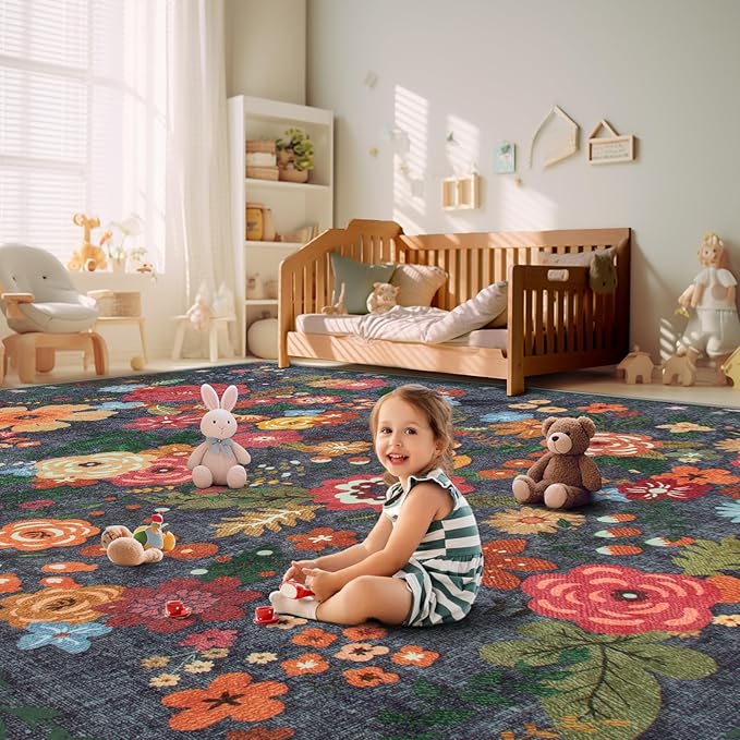 9x12 Area Rug for Living Room: Vintage Floral Washable Rug Soft Boho Non Slip Carpet Large Indoor Floor Non Shedding Low Pile Thin Carpets for Bedroom Dining Room Farmhouse Nursery Home Office Black