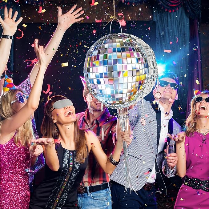 WERNNSAI Disco Ball Piñata - Disco Party Decoration Pull String Mirror Piñata with Bat and Blindfold for Adult Birthday Party Supplies