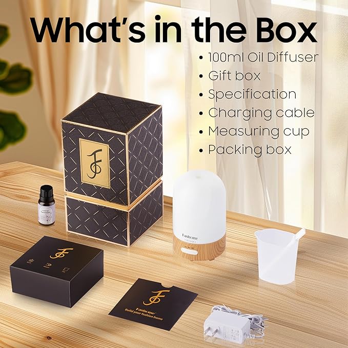 Essential Oil Diffuser, Quiet 6-in-1 Premium Humidifier, 100ml Small Aromatherapy Diffuser with Auto Shut-Off Function, Ultrasonic Diffusers for Essential Oil