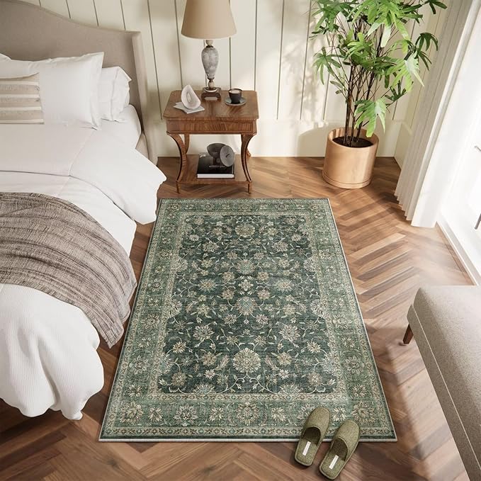 Washable 3x5 Entryway Rug Indoor, Boho Non-Slip Silicone Backing Small Rugs for Kitchen Nursery Office Bedroom, 0.3" Neutral Oriental Throw Carpet with 0.16" Cushioning Pad, Sage Green/Multi