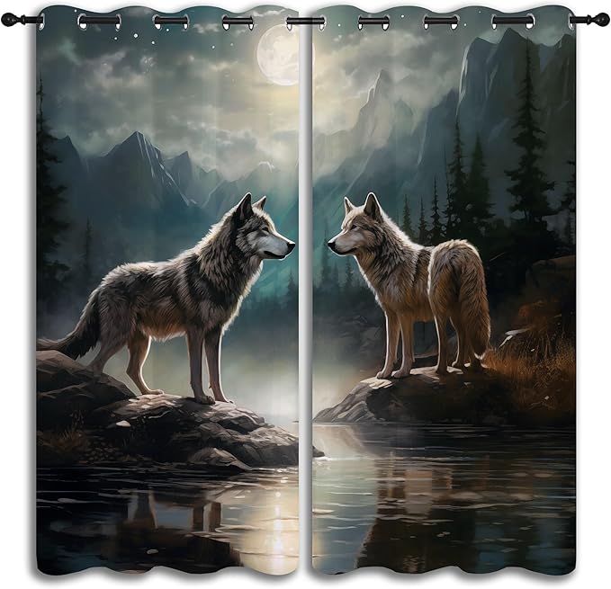 Wolf Blackout Curtains for Boys Girl Bedroom Decor,Moon Mountain Pine Forest Wild Animals Thermal Insulated Grommet Drapes Darkening Window Curtain for Living Room Home 55x63 inch