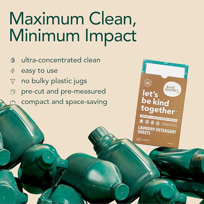 Kind Laundry Detergent Sheets with Powerful Stain-Fighting Enzymes - Biodegradable Plant Powered Eco-Friendly Laundry Soap Sheets - Home or Travel Laundry Detergent (Fragrance Free, 32 Loads, 10 Pack)