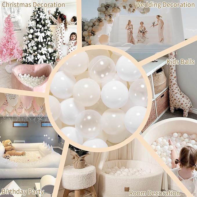 GOGOSO Balls for Ball Pit - Plastic Ball for Toddlers 1-3, Baby Kids Ball Pool Decoration 50 100 200 300 500 1000 (A White+Beige+Clear, 500 Balls)