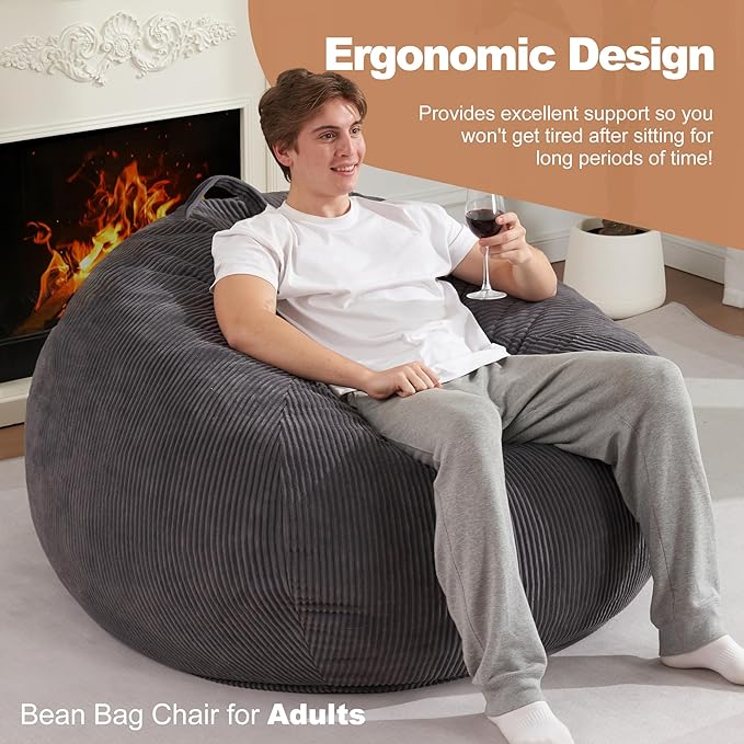 Homguava 3.5FT Bean Bag Chair: Teardrop Bean Bags with Memory Foam Filled, Compact Beanbag Chairs Soft Sofa with Corduroy Cover (Grey)