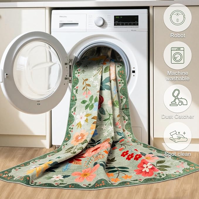 Area Rug Living Room Rugs: Floral 5x7 Washable Rug Vintage Soft Boho Non-Slip Carpet Indoor Stain Resistant Large Carpets for Bedroom Dining Room Farmhouse Nursery Hallway Home Office Green