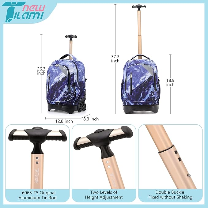 NEW TILAMI 18 inch Rolling Backpack Boys for School – Durable, Waterproof, Adjustable Handle, Stair Climbing, Variety of Colors & Patterns, Lightning Purple