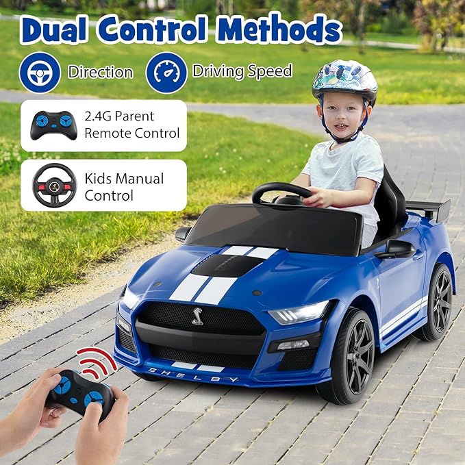 Costzon Ride on Car, 12V Licensed Ford Mustang Shelby GT500 Kids' Electric Vehicles w/Remote Control, USB Port, Radio, Music, Player, High Low Speed & Soft Start, Racing Kids Car for Toddler (Blue)