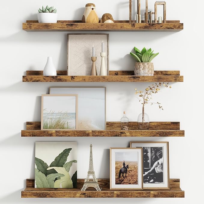 Floating Picture Ledge Shelves for Wall Set of 4, 24 Inch Wall Shelves with Lip Long Large Nursery Book Shelf for Toys Storage Kids Bookshelf Wall Mounted Living Room Bedroom Decor Frames