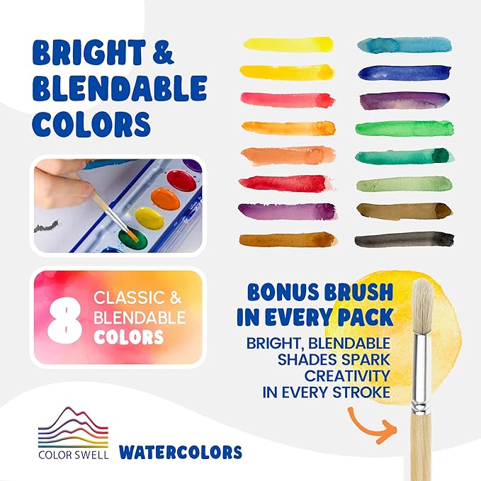 Color Swell Bulk Watercolor Paint 10 Pack with Wood Brushes 8 Washable Water Colors for Kids, Classrooms, Parties, All Ages
