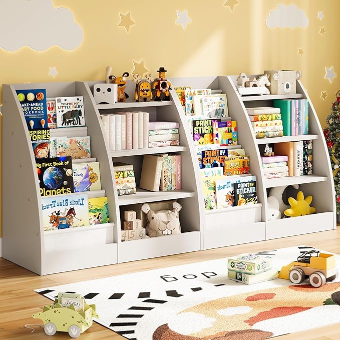 4 Tier Kids Bookshelf Set of 2, 4 Layer Sling Kids Book Shelf for Kids Rooms,Wood Children Bookcase,Baby Storage Book Rack,Toddler Bookshelf, Book and Toy Organizer,Book Display Shelf for Nursery