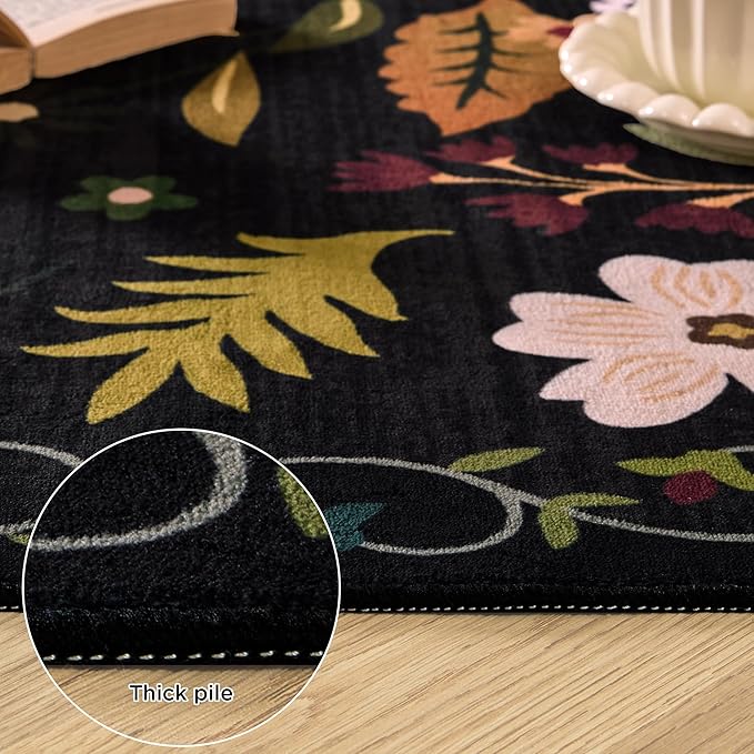 Rug Runners 2x6, Floral Washable Kitchen Rugs for Hallways Area Rugs, Non Slip Long Rug Low Pile Entrance Doormat, Flower Carpet for Kitchen, Entryway Indoor, Bedroom, Bathroom, Laundry, Black