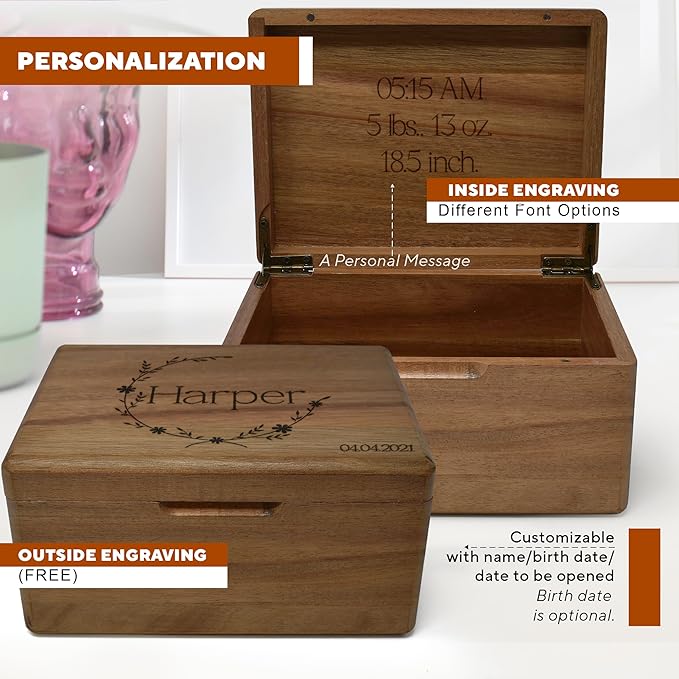 Custom Baby Memory Box for Kids- 1st Birthday Keepsake Gifts for Babies, Engraved First Birthday Memory Time Capsule Box with Hinged Lid, Unique Shower Baby Gift, Memento Chest Memorabilia, 8x6x4 in