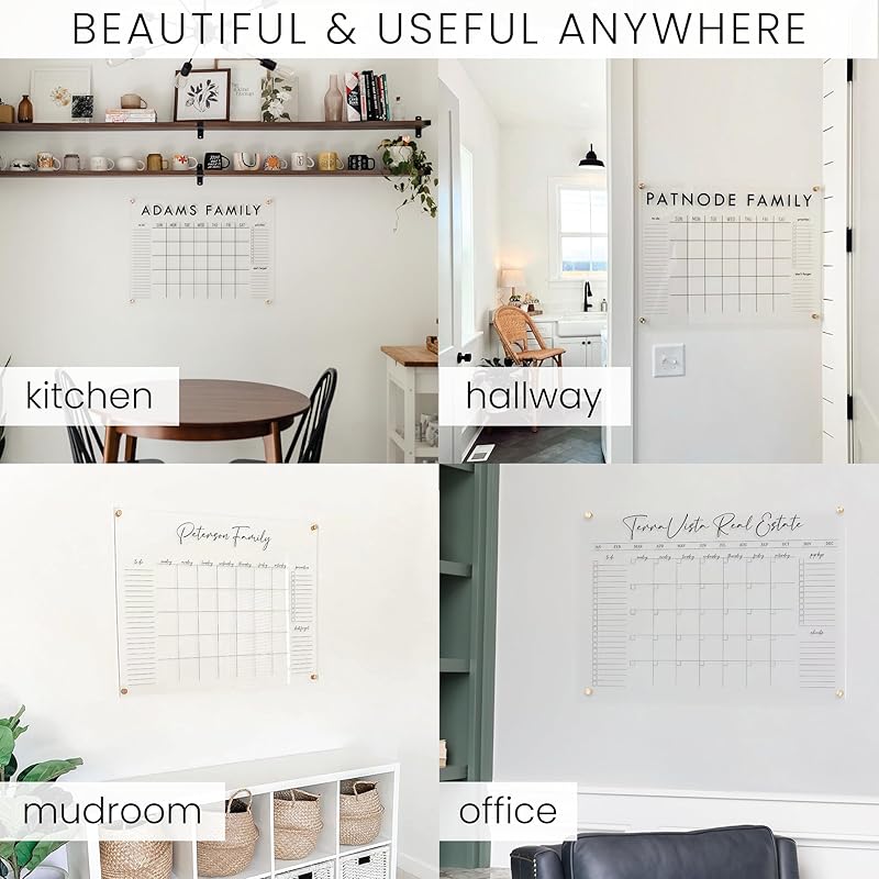 Personalized Clear Acrylic Calendar for Wall, Calendar Whiteboard for Wall, Dry Erase Wall Calendar, Wall Calendar Organizer System for Home (Cursive, White, 23"W x18.5"H)