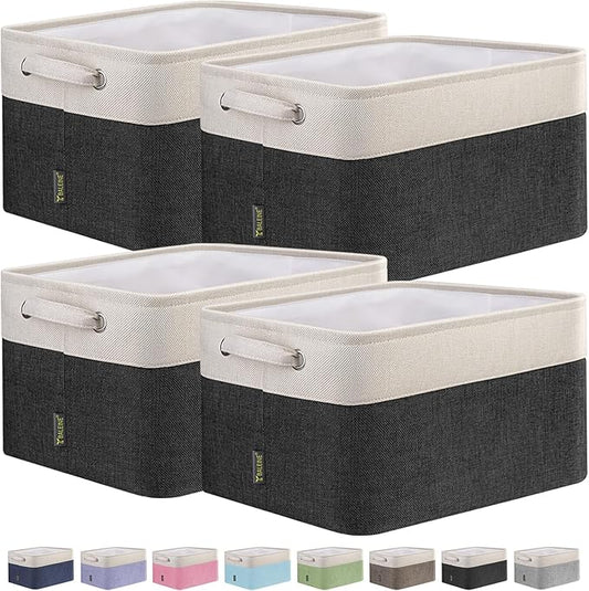 BALEINE 4 Pack Fabric Storage Bins for Shelves, Linen Storage Baskets for Organizing, Decorative Closet Bins for Clothes, Home (Black, 12"x8"x8")