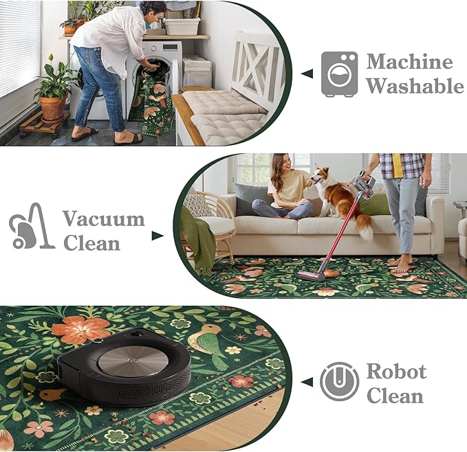 Moynesa Machine Washable Round Rug, 6ft Circle Area Rug for Living Room Non Slip, Ultra Thin, Soft, Indoor Boho Bird Dark Green 6'x6' Carpet for Bedroom Office Under Table Kid Playroom