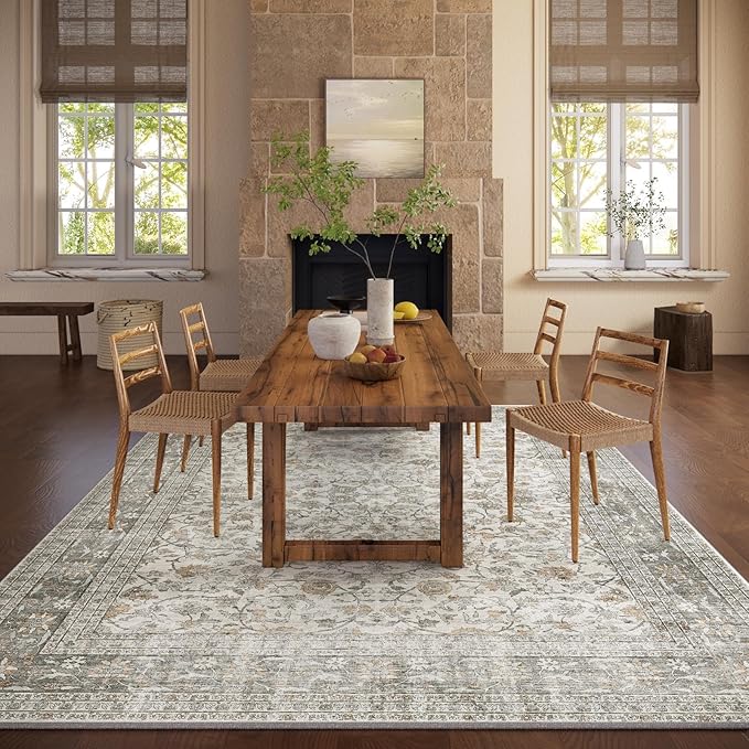 Machine Washable Rugs for Living Room: 8x10 Area Rugs for Bedroom Vintage Stain Resistant Non Slip Low Pile Soft Boho Carpet for Kitchen Dining Room Farmhouse Kids Room Nursery