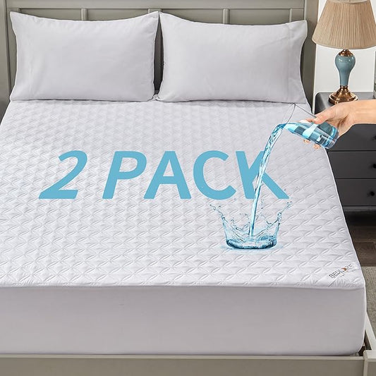 2 Pack Waterproof Mattress Protector, Queen Size Noiseless Mattress Pad with Deep Pocket Fitted Up to 6-18 inches, Soft Noiseless Bed Mattress Cover Washable for Home, Bedroom, Hotel