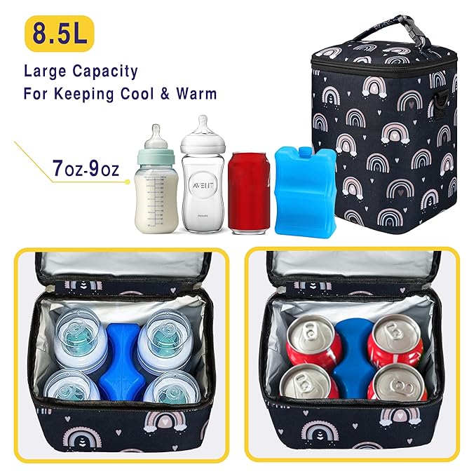 Breastmilk Cooler Bag with Ice Pack Fits 4 Baby Bottles Up to 9 Ounce Insulated Baby Bottle Bag Breast Milk Cooler on the Go with Strap Fits Medela/Dr.Brown's for Nursing Mom Daycare, Work or Travel