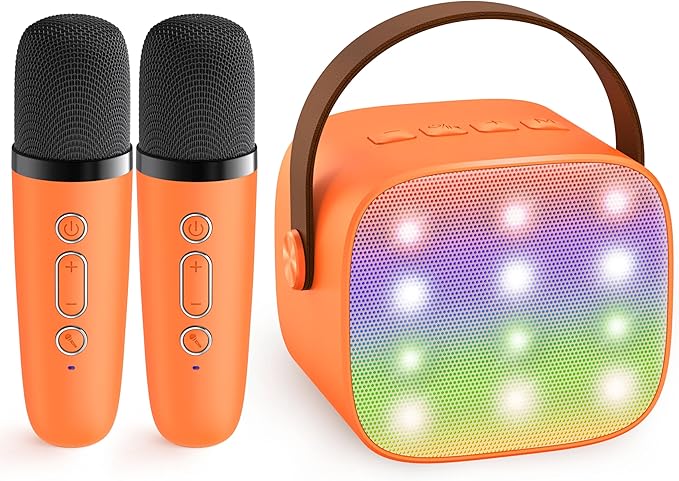 YLL Mini Karaoke Machine for Kids Adults, Portable Bluetooth Speaker with 2 Wireless Microphones, Birthday Gifts Toys for Girls Boys Ages 3, 4, 5, 6, 7, 8, 9,10,11,12+ Years Old Toddler (Orange)