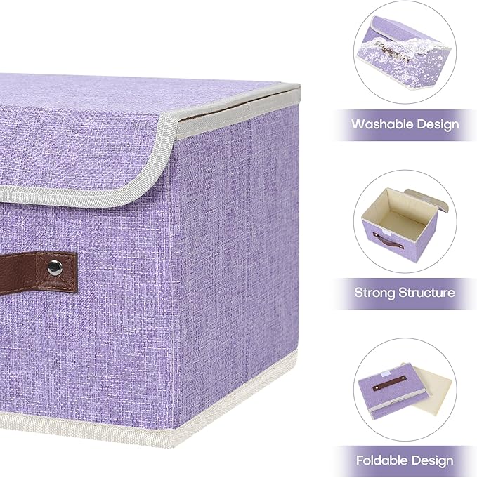 ANMINY 2PCS Storage Bins with Lid PU Leather Handles Storage Boxes PP Plastic Board Decorative Foldable Lidded Cotton Linen Fabric Home Cubes Baskets Closet Organizer Containers - Purple, Small Size
