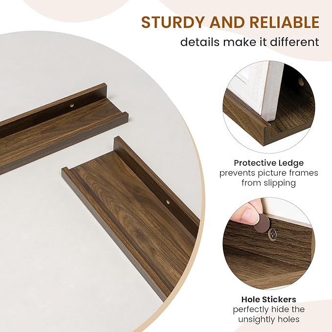 Axeman Picture Ledge Shelf, Floating Shelves for Wall Decor Storage Set of 6, 24 inch Floating Wall Mounted Shelves, Wall Shelves with Lip for Living Room, Bedroom, Nursery, Bathroom, Kitchen, Walnut
