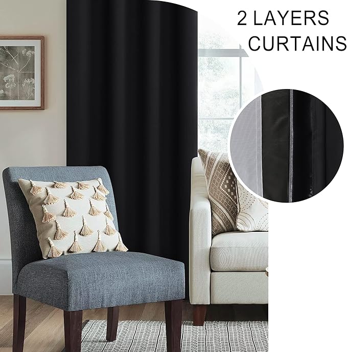 XWZO 100% Blackout Curtain Panels - Extra Wide Thermal Insulated Black Liner, Noise Reducing and Heat Blocking Rod Pocket Drapes for Hall and Studio Windows with Tiebacks, Black, W70 x L63, Set of 2